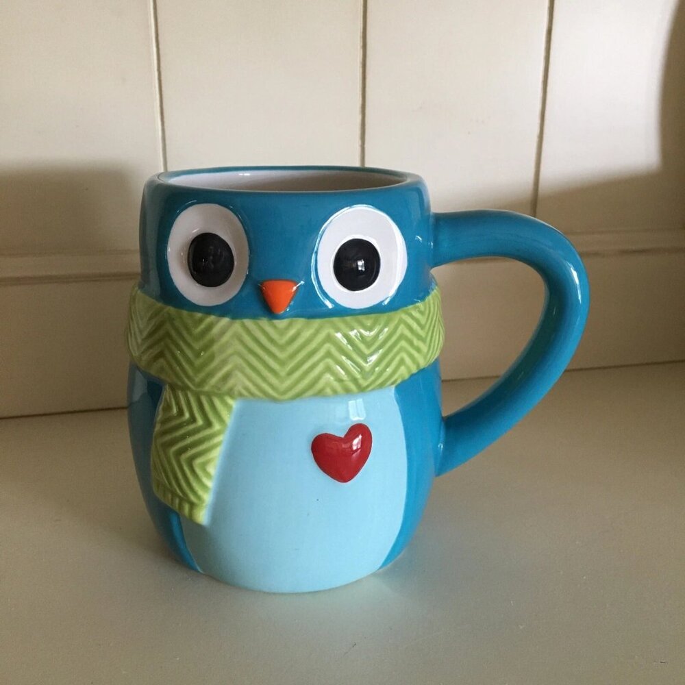 Teal Blue Owl Coffee Mug w/ Heart & Scarf Merry Merry St Nicholas Square